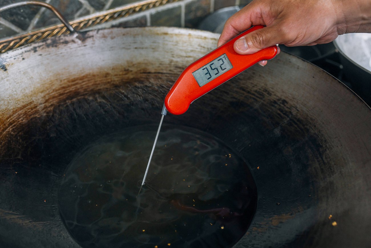 oil temperature heated to 350°F on instant-read thermometer