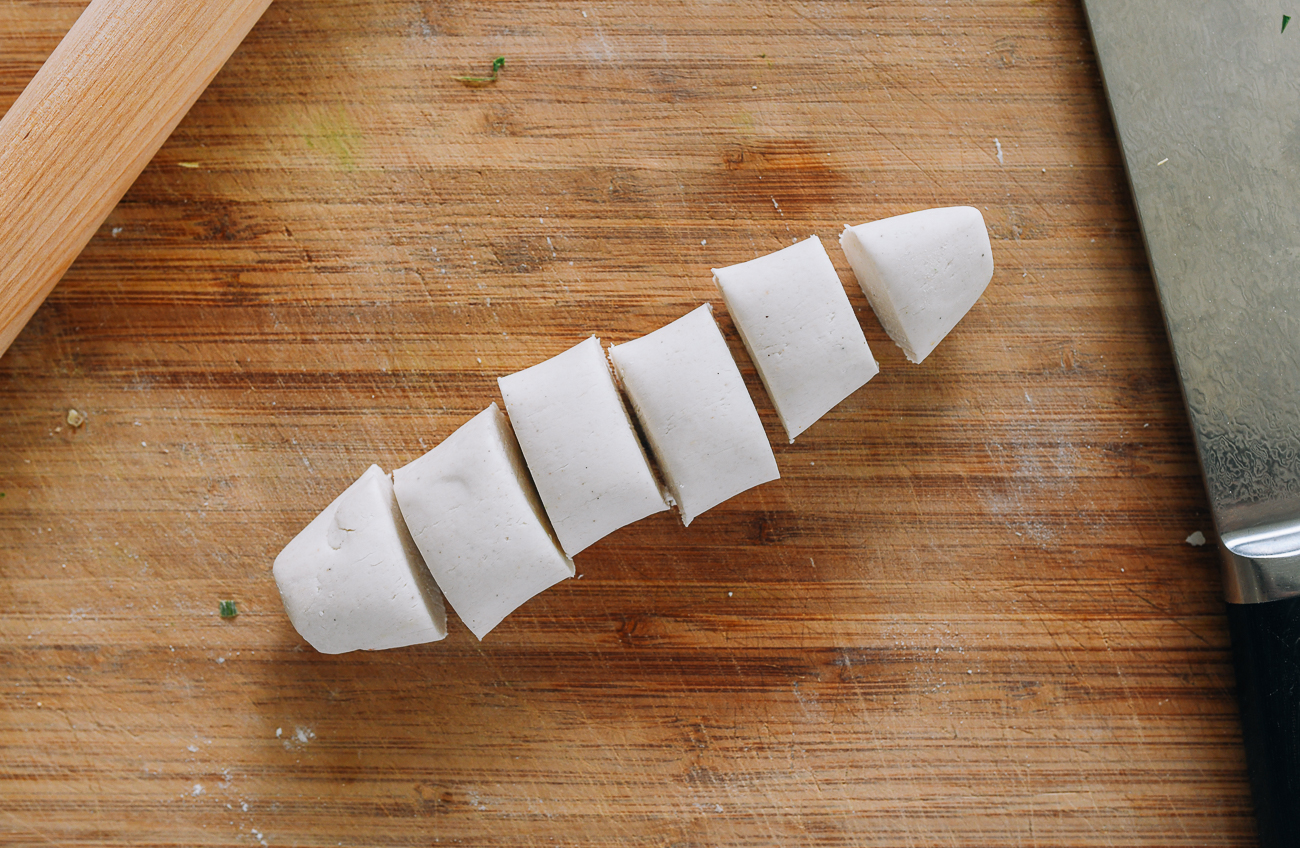 gluten-free dumpling dough cut into pieces