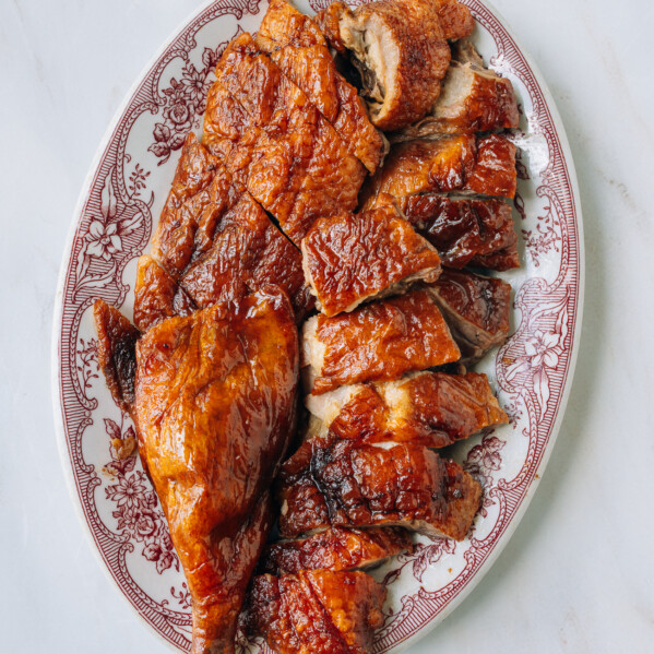 Chinese roast duck on platter