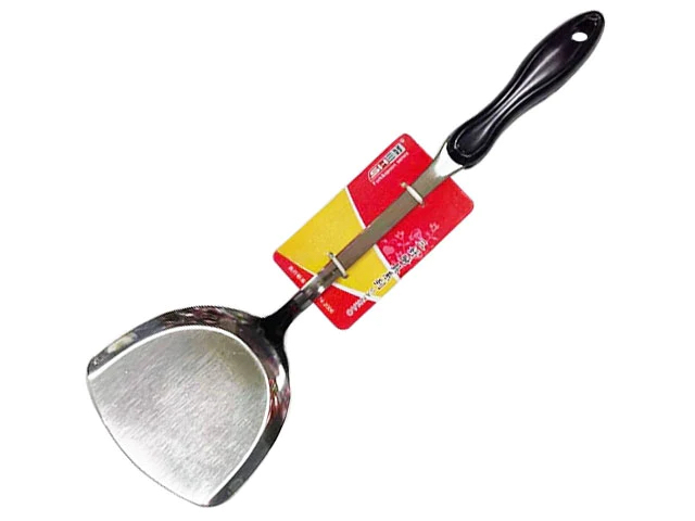 wok spatula with black molded plastic handle 