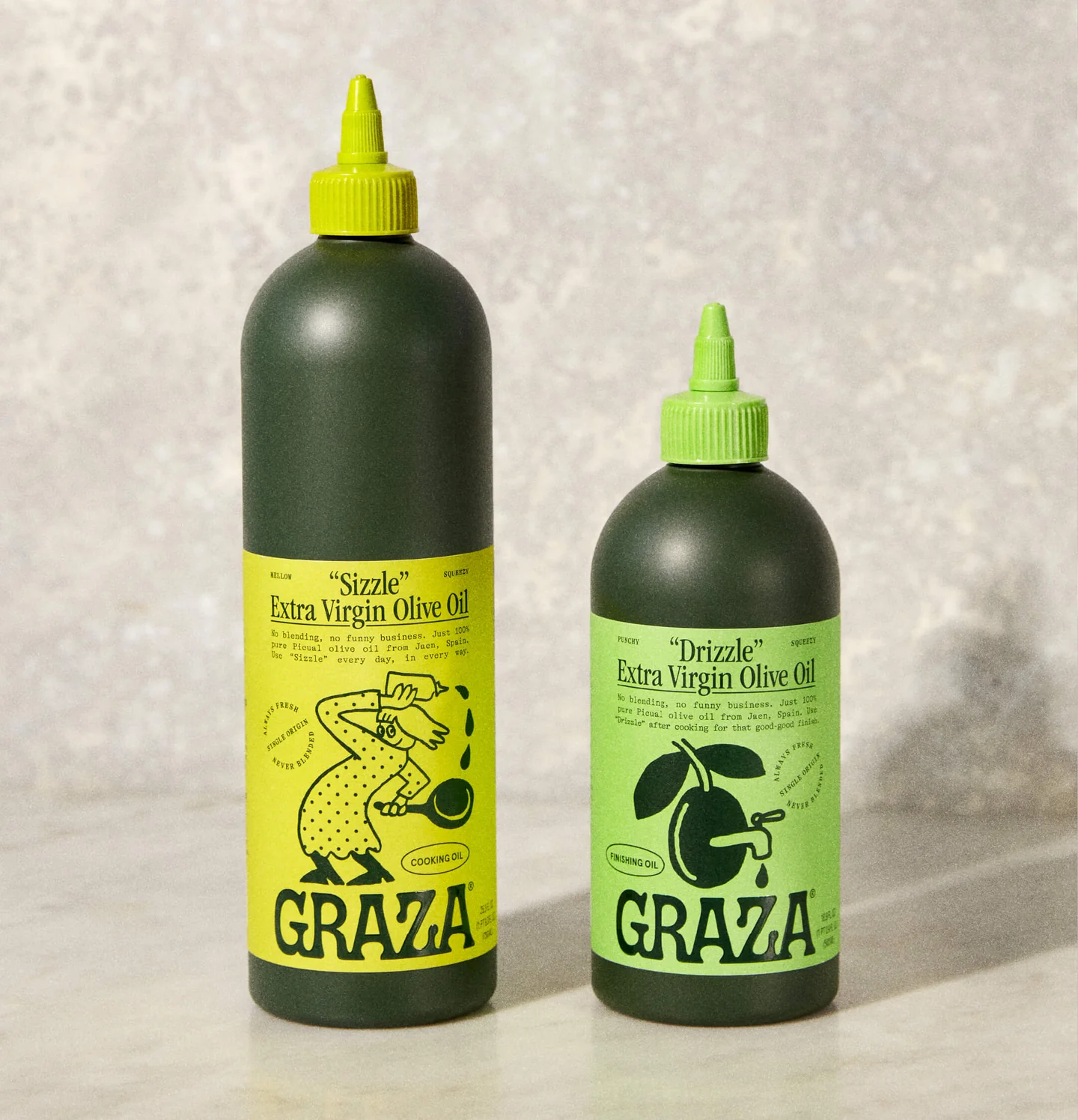 Graza olive oil bottles in dark green with squeeze nozzle