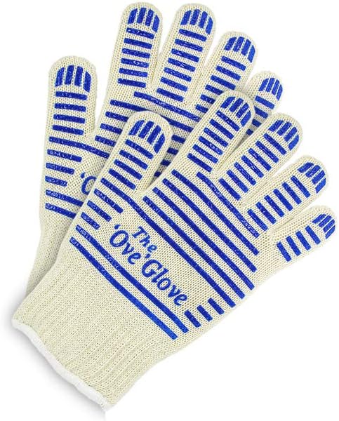 white and blue striped gloves with "the 'Ove' Glove logo on the top of the hand