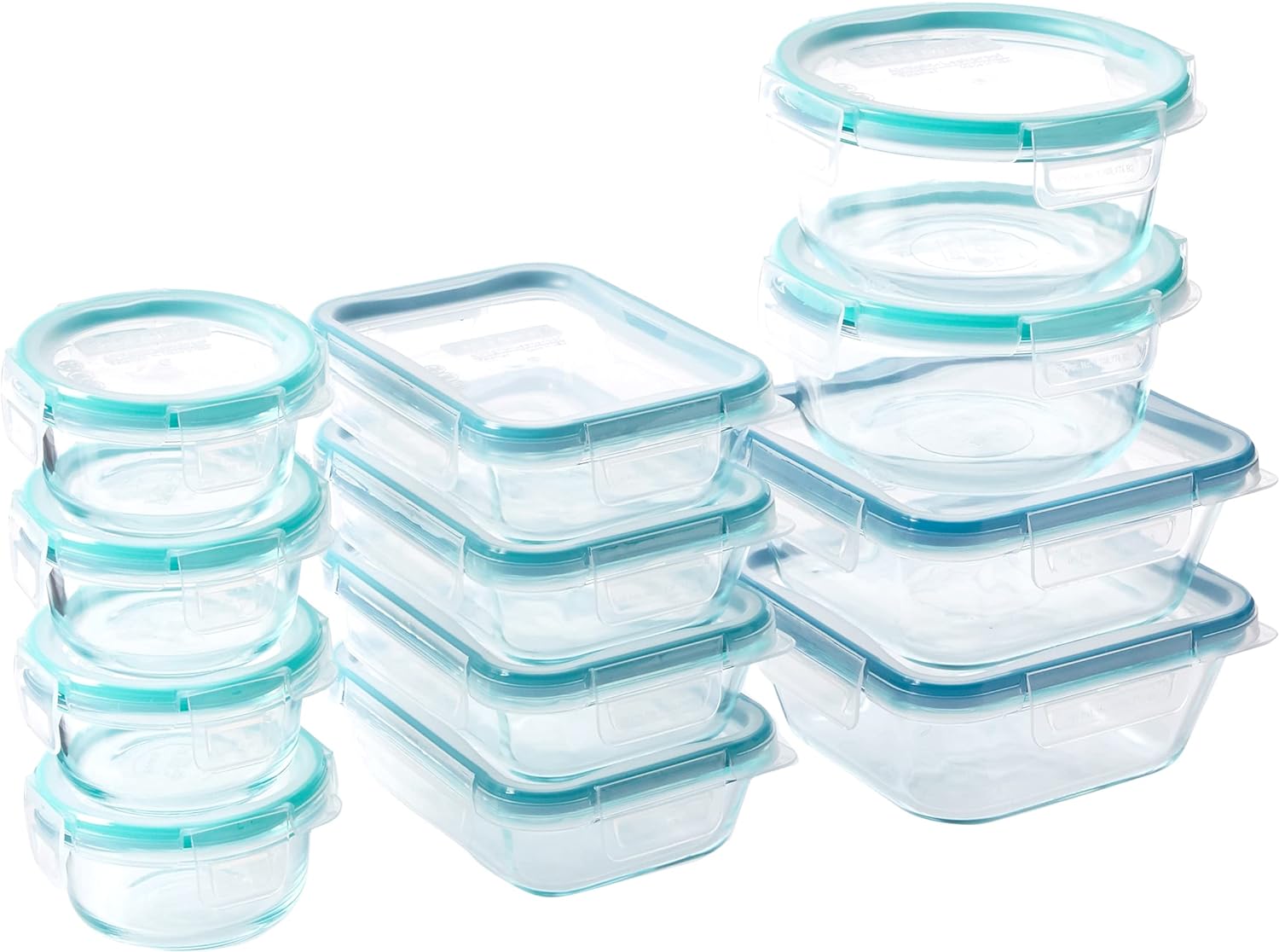 stacked snapware glass containers with rubber seal lids 