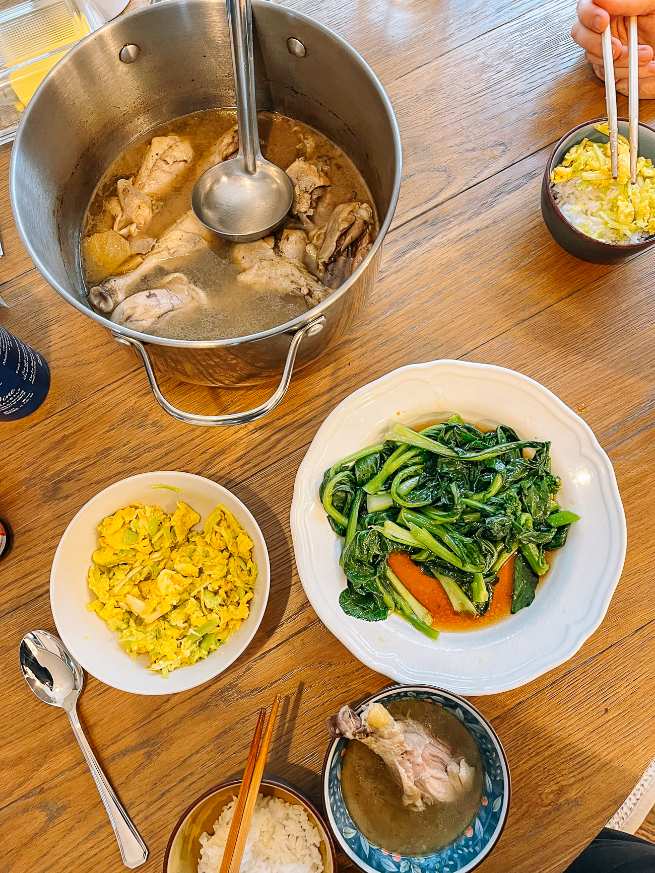 taiwanese sesame oil chicken soup, scrambled eggs, blanched choy sum