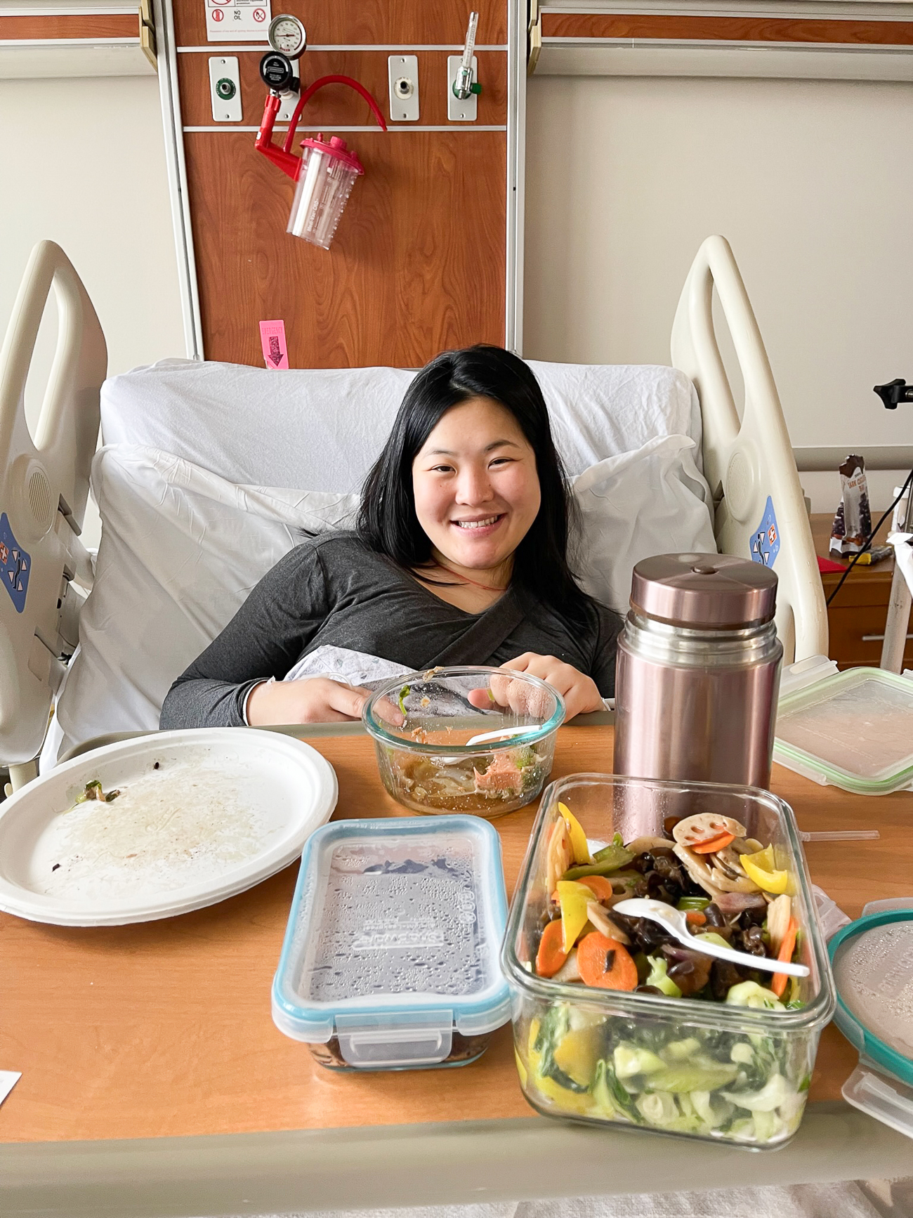 sarah in hospital with food