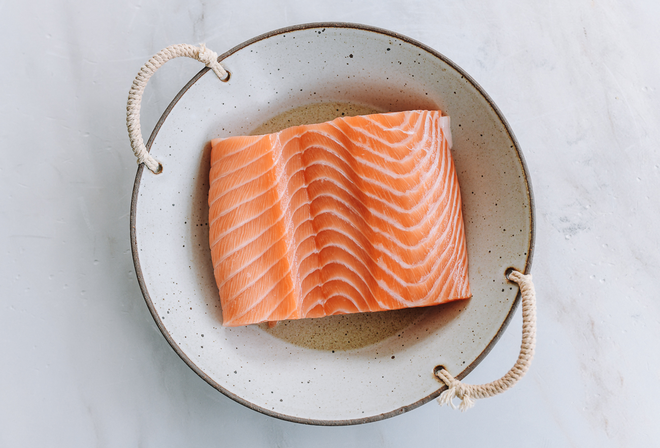 salmon fillet in heatproof dish