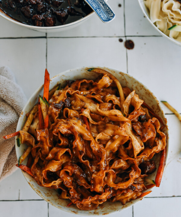 bowl of mixed zha jiang mian or Chinese fried sauce noodles