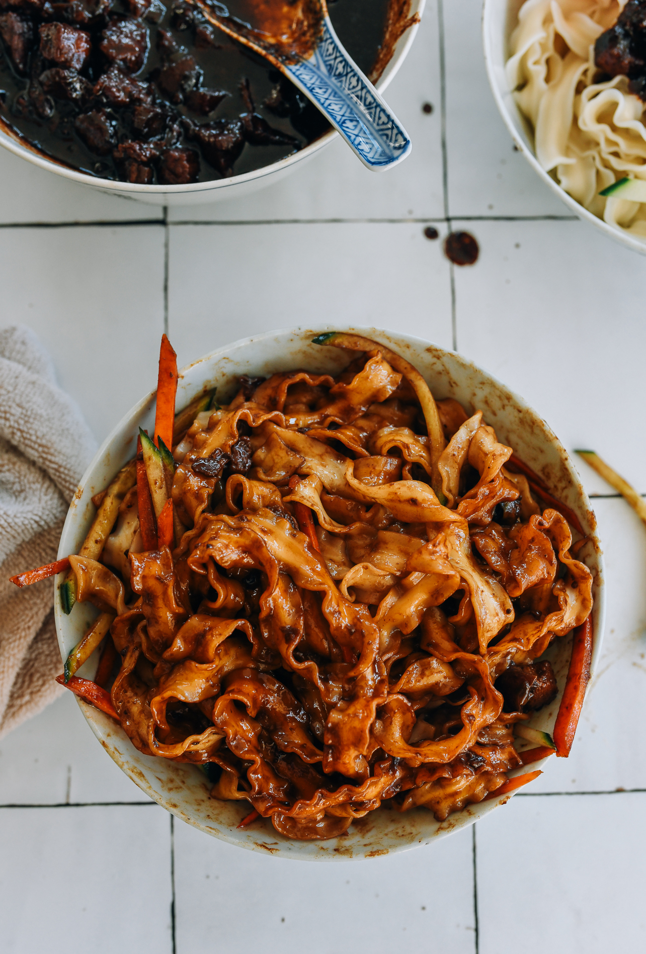 bowl of mixed zha jiang mian or Chinese fried sauce noodles
