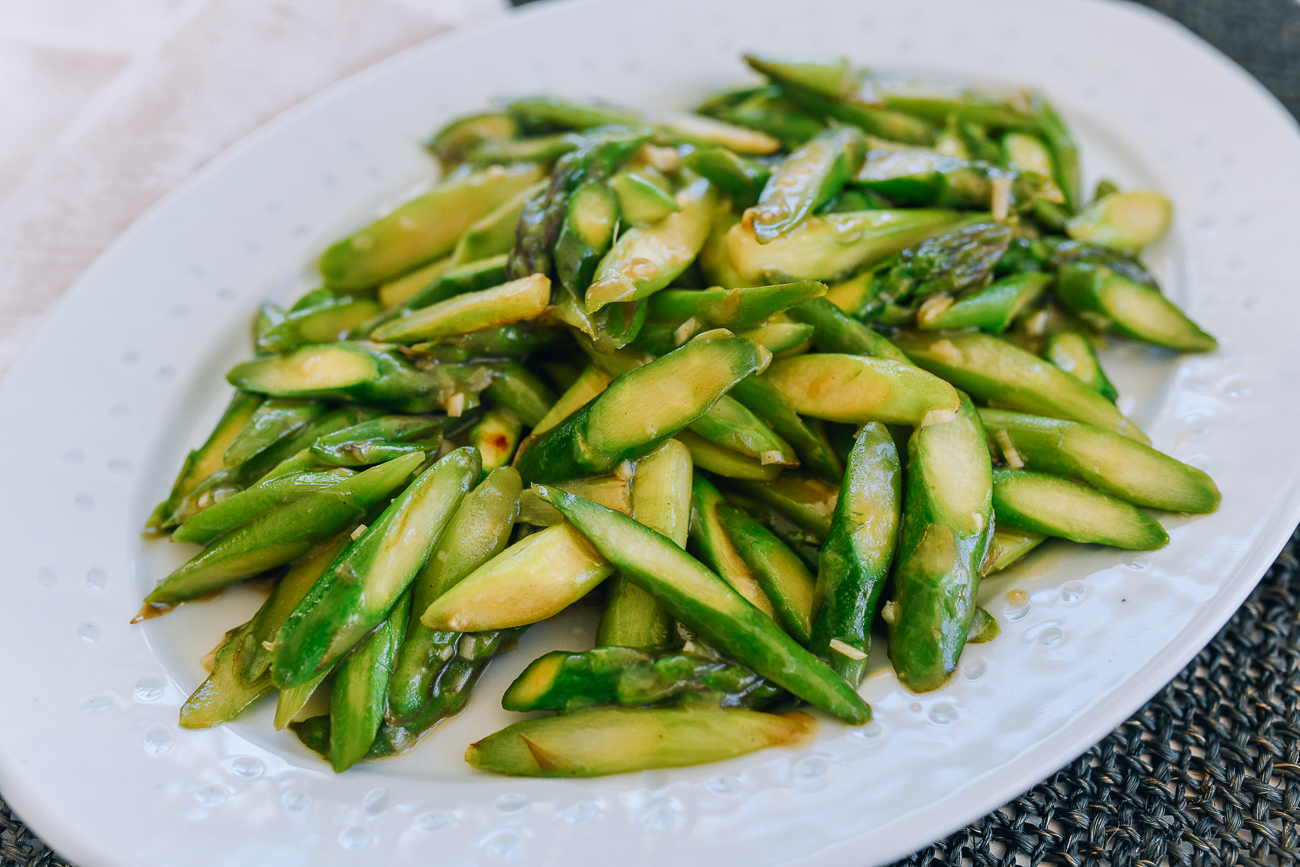 asparagus stir-fry on white plate