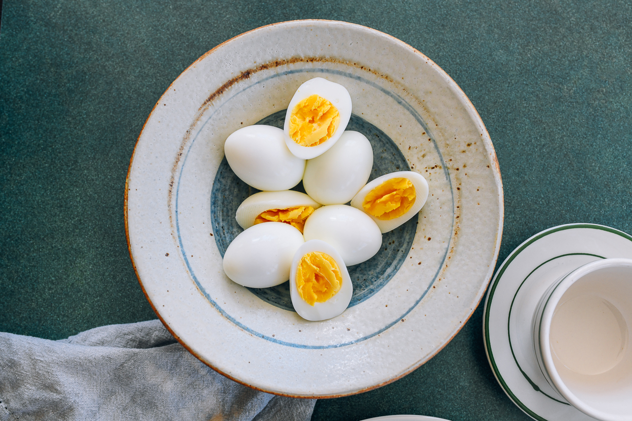halved hard boiled eggs in a bowl