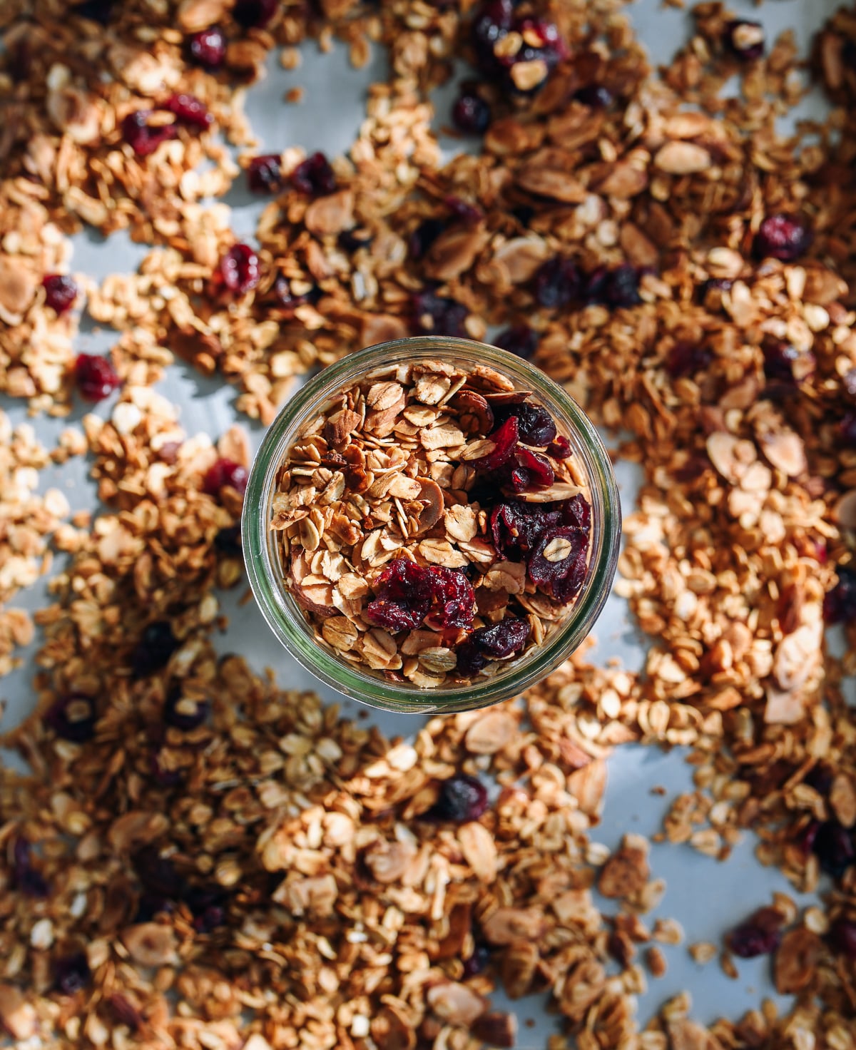 cranberry almond granola in mason jar