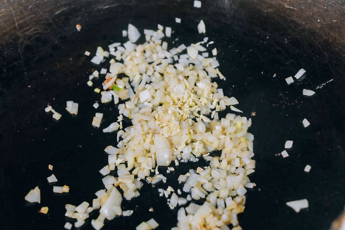 sauteed onions in wok