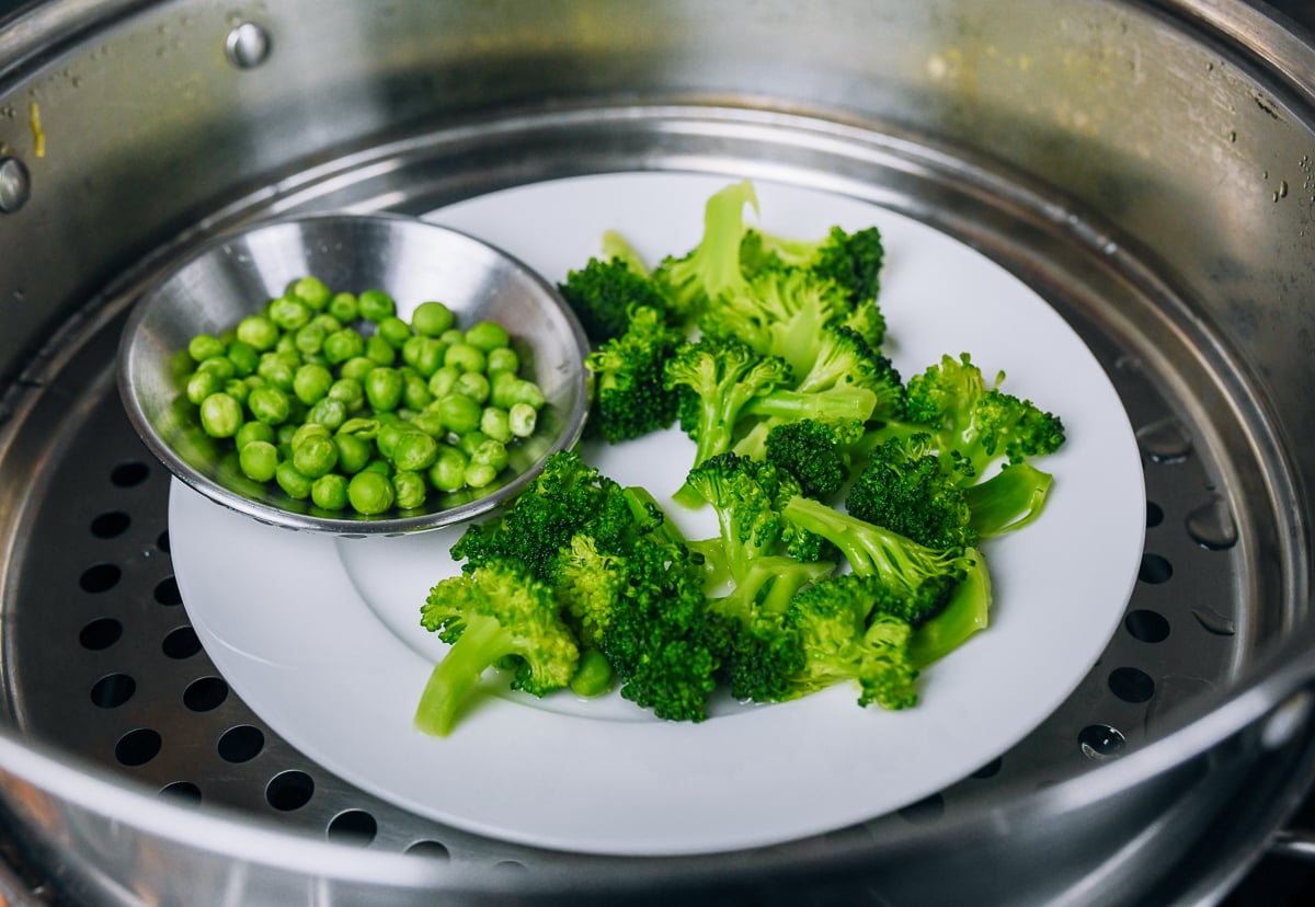 steaming peas and broccoli