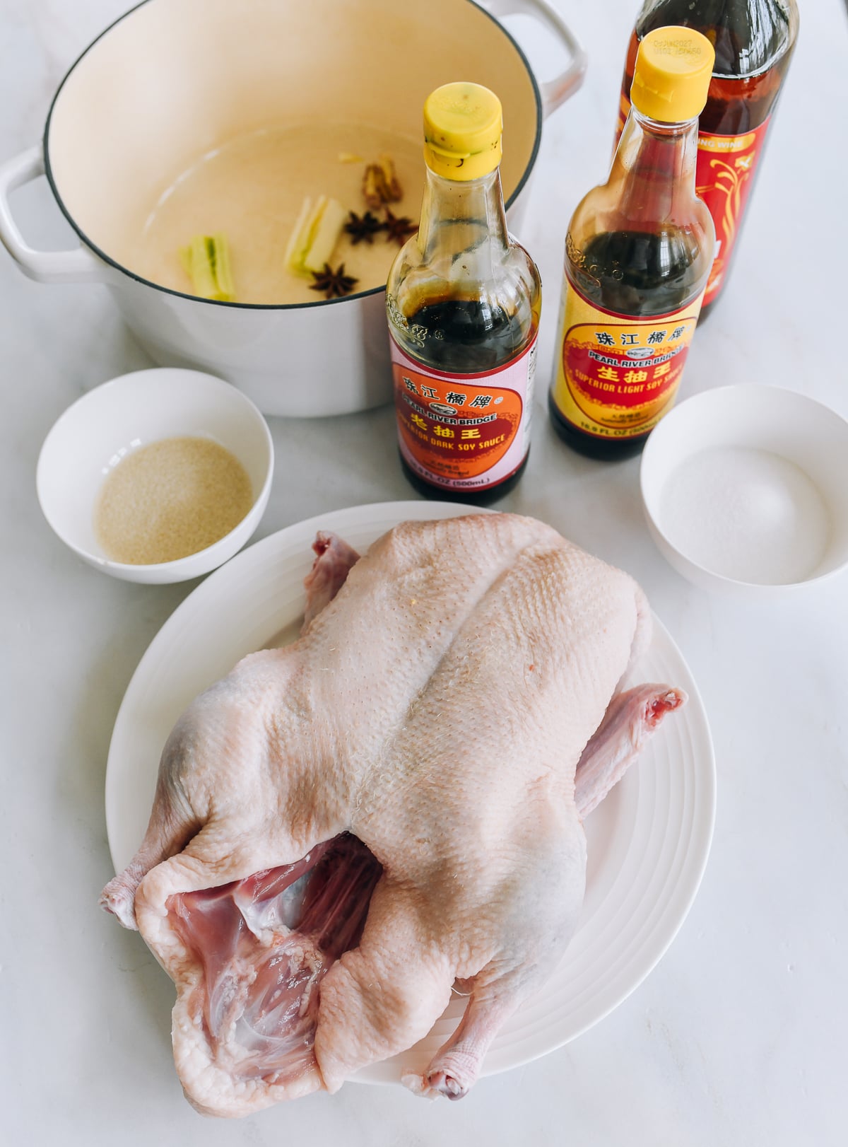 whole duck on plate with braising ingredients