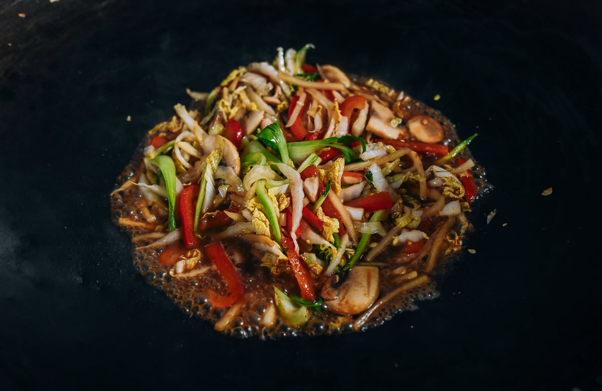 vegetables simmering in sauce mixture