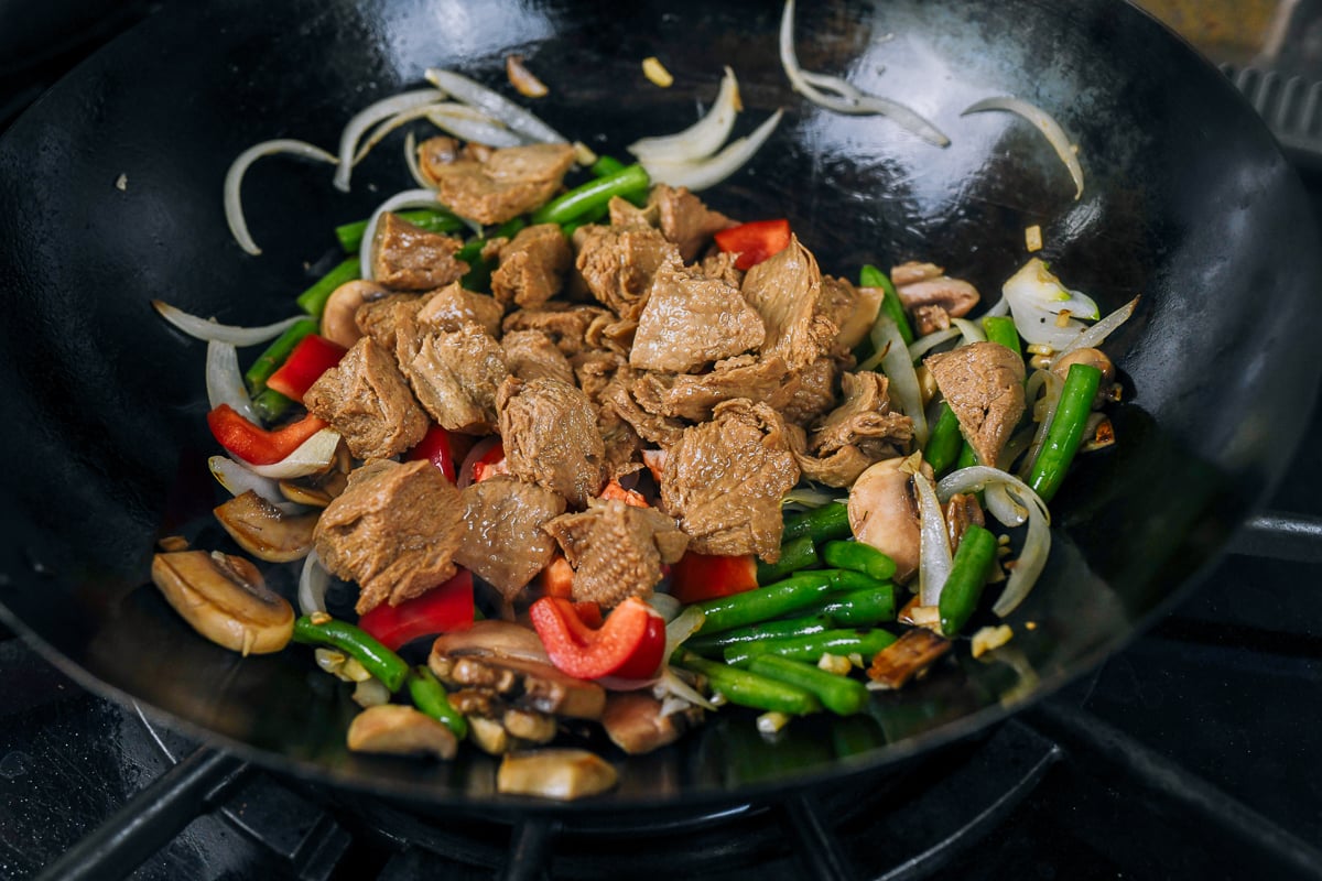 adding mock duck to vegetables