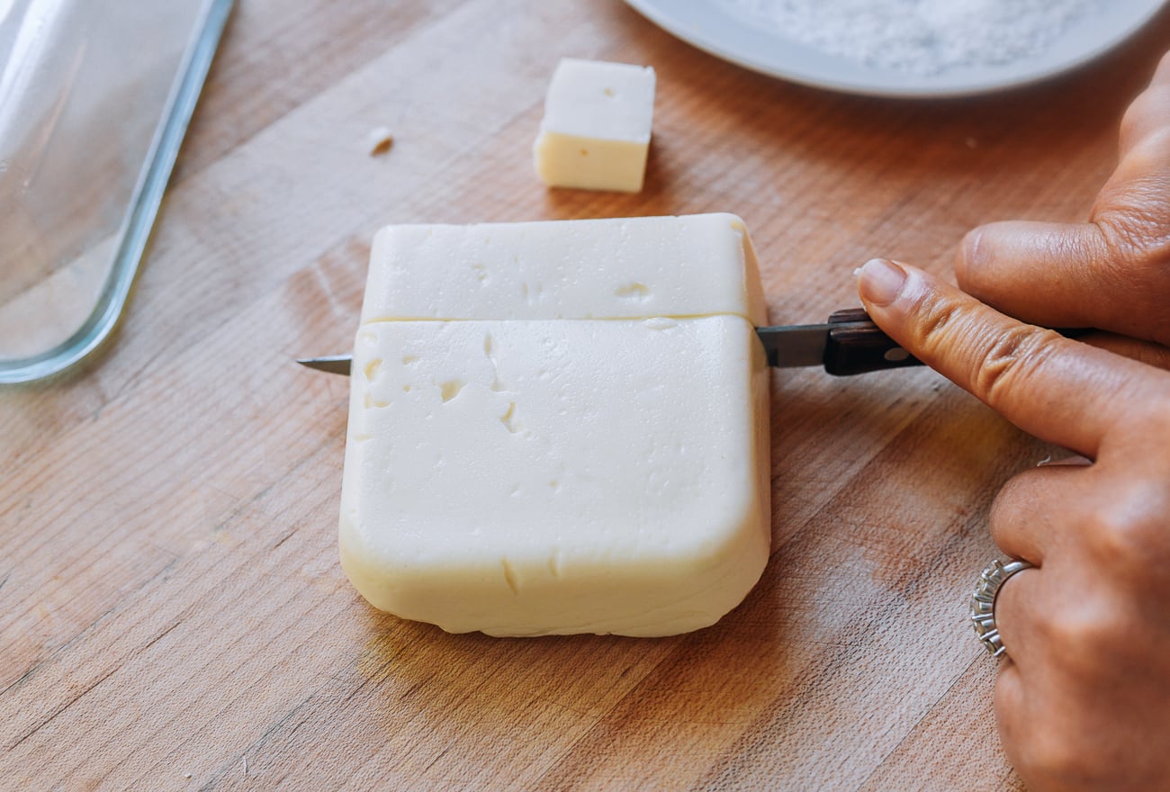 cutting milk pudding into cubes