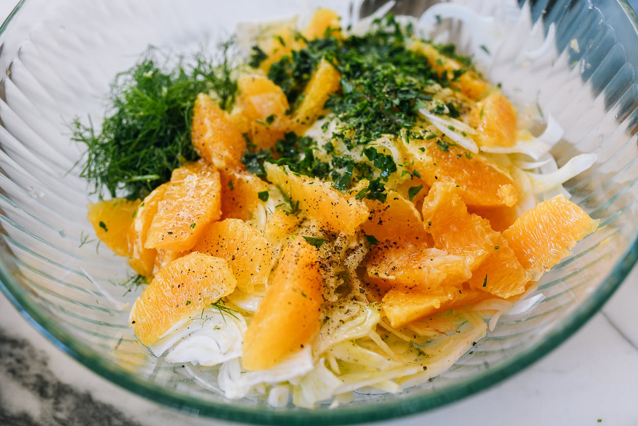 fennel orange salad ingredients in bowl
