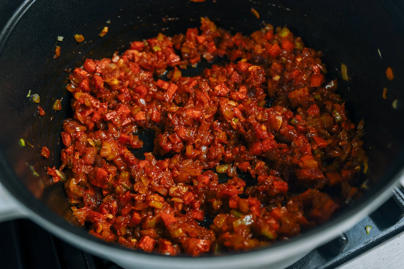 tomato paste and vegetables cooked down together