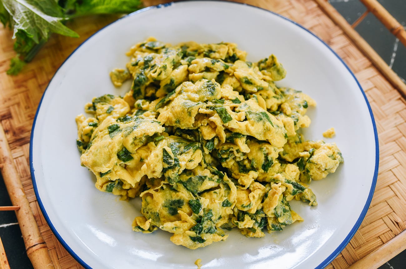 scrambled eggs with chopped green shiso leaves