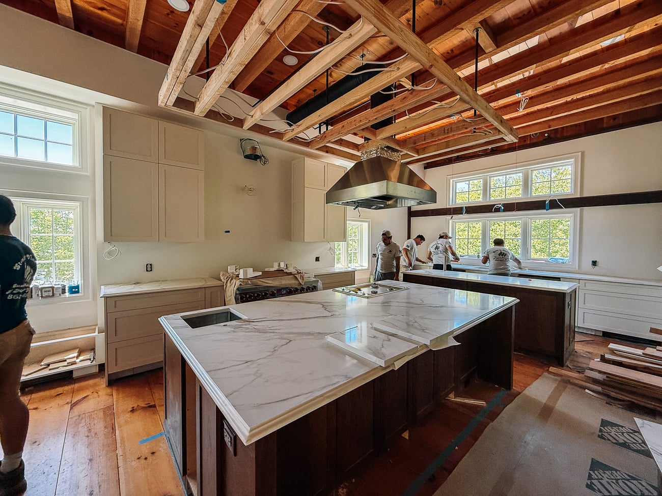 floating ceiling over kitchen island with ventilation