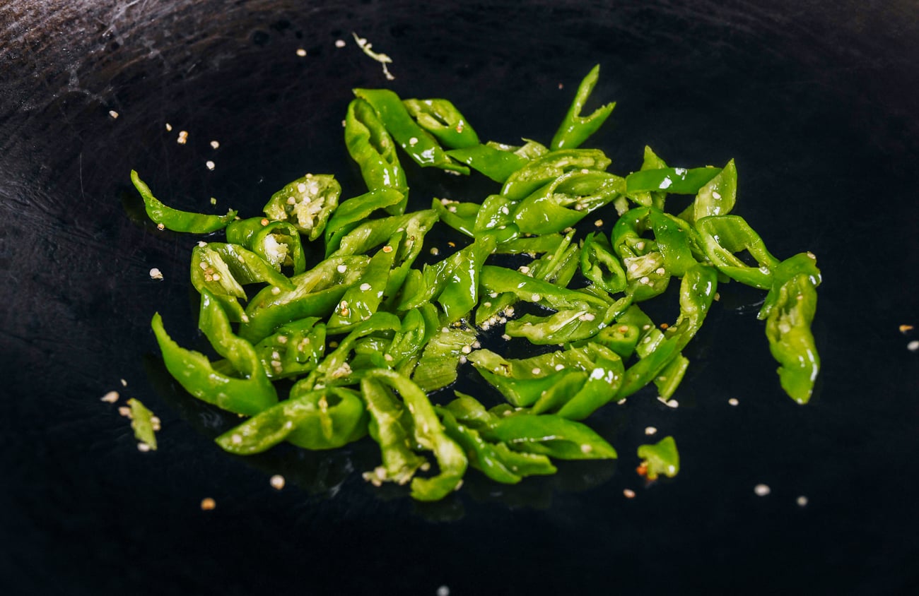 searing long hot green peppers